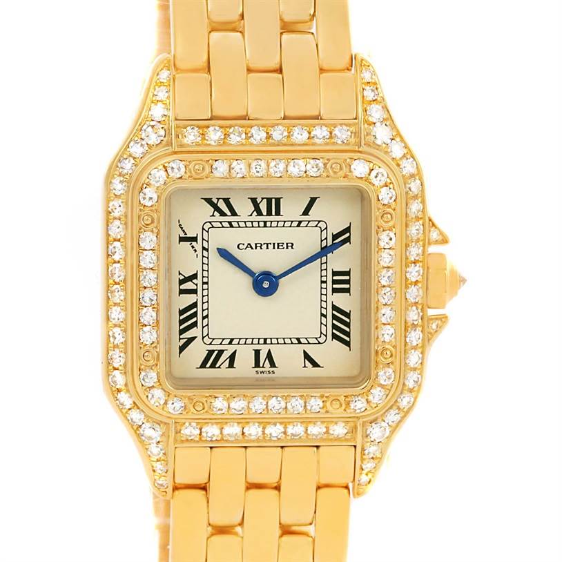 This image shows a front view of the Cartier Panthere WF3072B9 Women's Yellow Gold Silver Dial WF3072B9 Women's Yellow Gold Silver Dial watch, highlighting its diamond-studded bezel and gold bracelet.