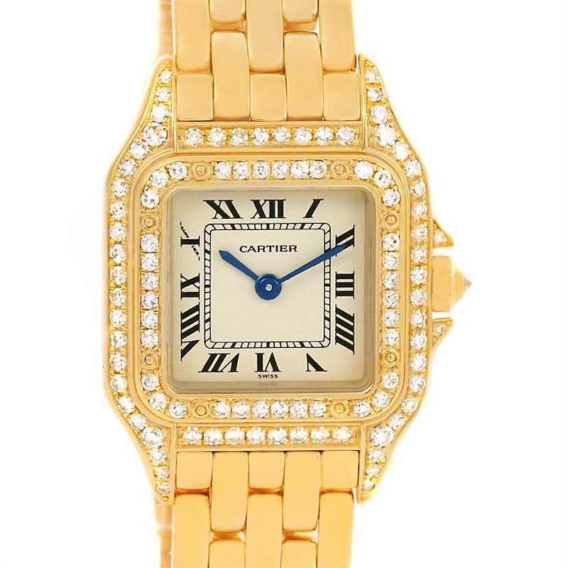 This image shows a front view of the Cartier Panthere watch, highlighting its diamond-studded bezel and gold bracelet.