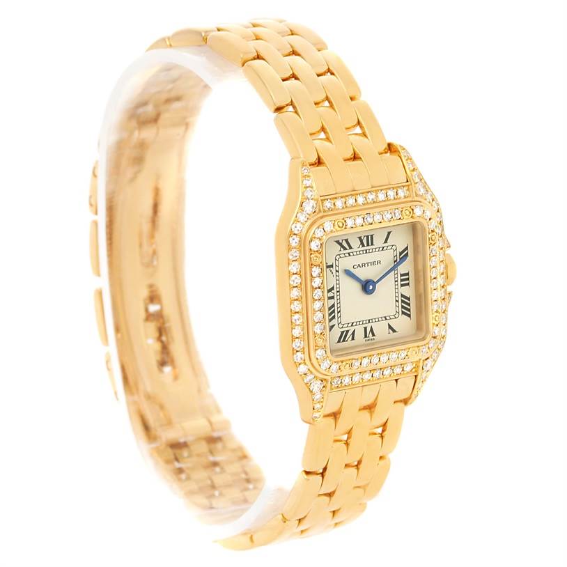 This image shows a side angle view of the Cartier Panthere WF3072B9 Women's Yellow Gold Silver Dial WF3072B9 Women's Yellow Gold Silver Dial model watch, displaying its bracelet, bezel, and face.