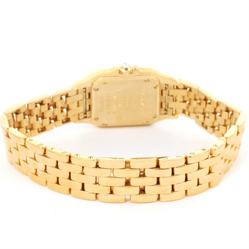 This image shows the back view of a Cartier Panthere WF3072B9 Women's Yellow Gold Silver Dial WF3072B9 Women's Yellow Gold Silver Dial model watch, highlighting its gold bracelet and case back.