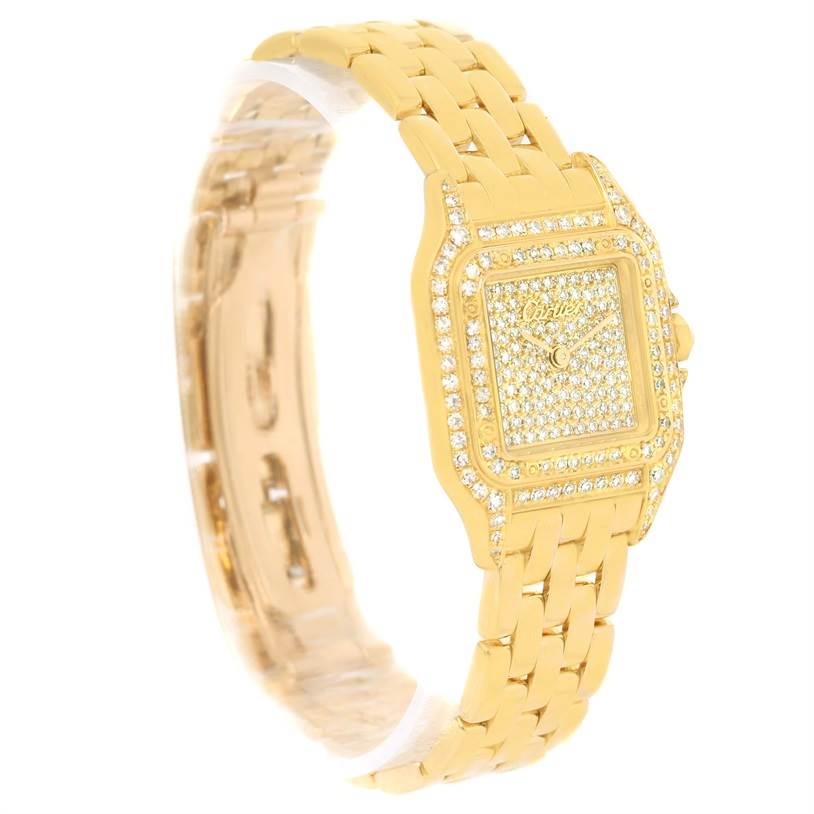 This image showcases a Cartier Panthere 128000 Women's Yellow Gold Champagne Dial 128000 Women's Yellow Gold Champagne Dial model watch at an angled side view, highlighting the bracelet and diamond-encrusted face.