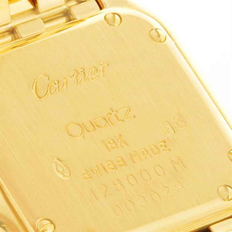 The image shows the back of a Cartier Panthere 128000 Women's Yellow Gold Champagne Dial 128000 Women's Yellow Gold Champagne Dial model watch, highlighting engravings and markings on the gold case.