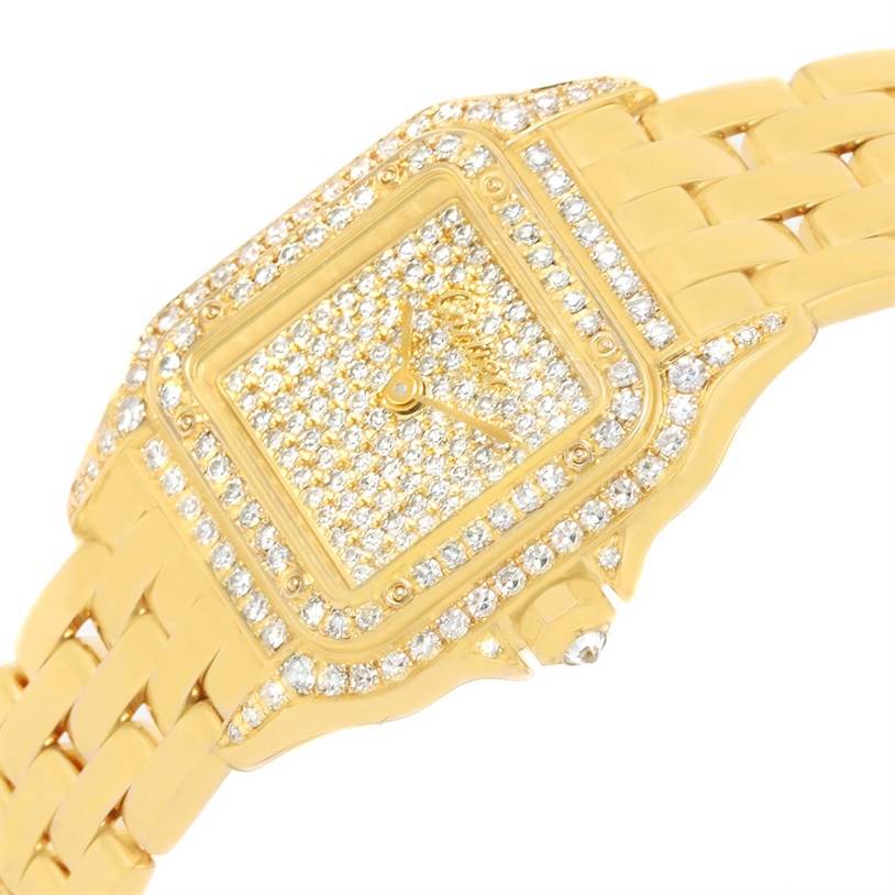The image shows a Cartier Panthere 128000 Women's Yellow Gold Champagne Dial 128000 Women's Yellow Gold Champagne Dial watch angled to display the diamond-studded face, bezel, and part of the gold bracelet.