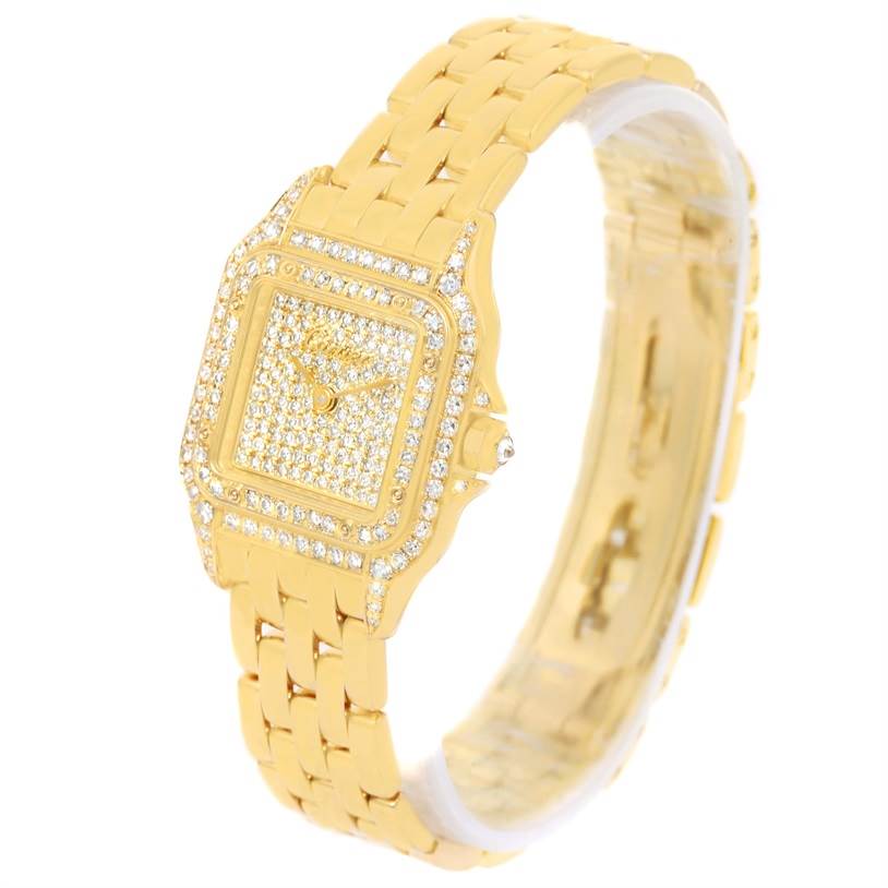 The image shows a Cartier Panthère model watch from an angled perspective, highlighting its gold bracelet and diamond-studded face.