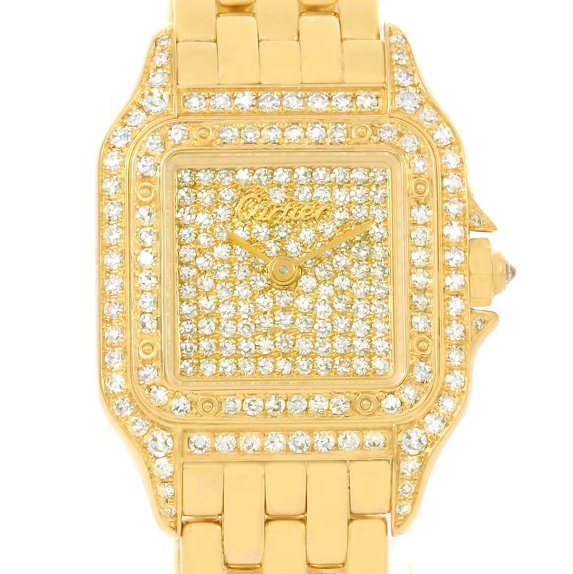 This image shows a close-up frontal view of a Cartier Panthere 128000 Women's Yellow Gold Champagne Dial 128000 Women's Yellow Gold Champagne Dial watch, highlighting the diamond-studded face and bezel.