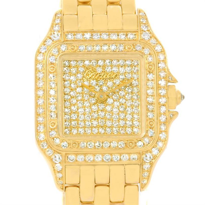 This image shows a close-up frontal view of a Cartier Panthere watch, highlighting the diamond-studded face and bezel.