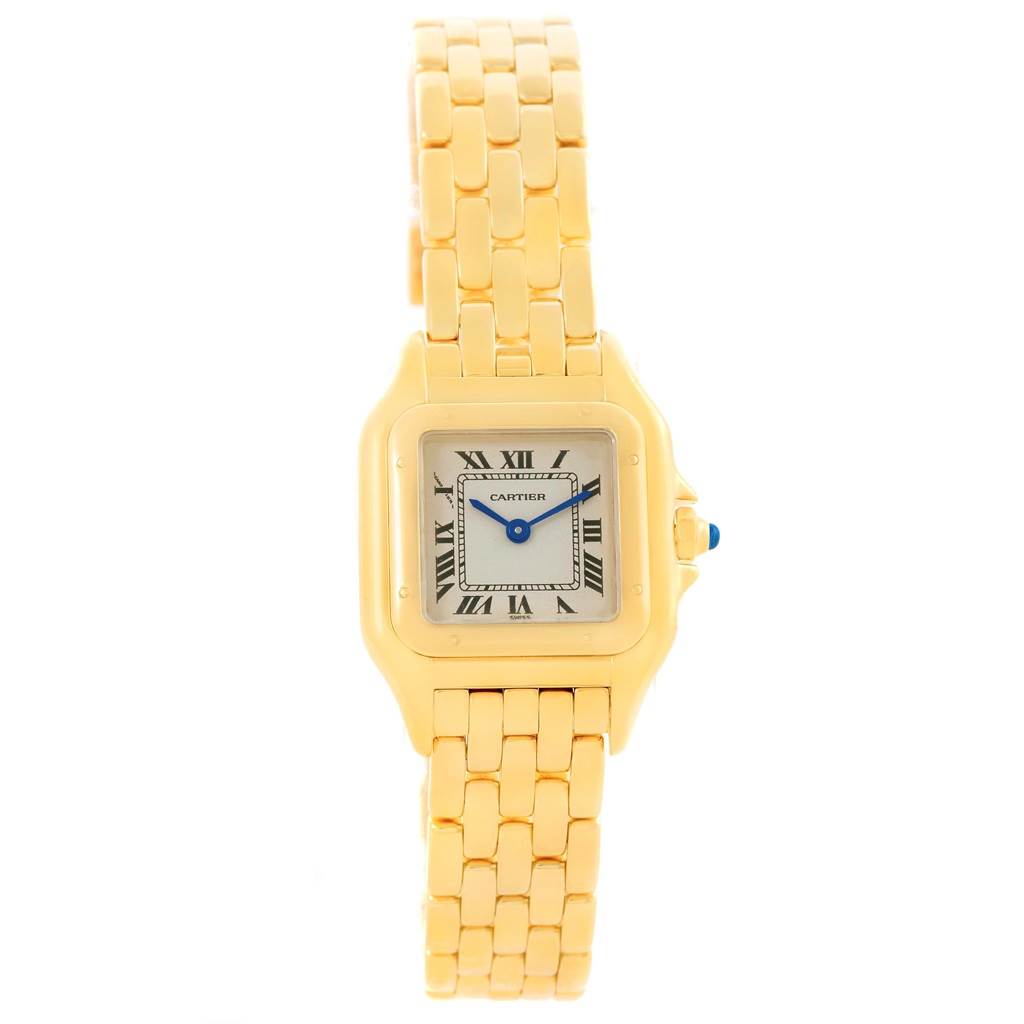 This image shows a front view of the Cartier Panthere W25022B9 Women's Yellow Gold Silver Dial W25022B9 Women's Yellow Gold Silver Dial watch, highlighting its gold case, bracelet, and Roman numeral dial.
