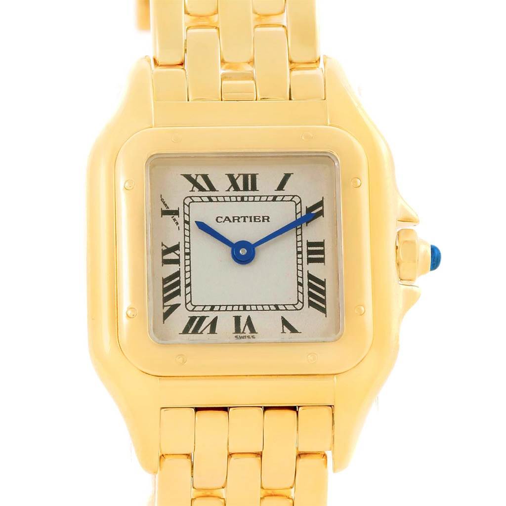 The image shows a close-up, frontal view of a Cartier Panthere W25022B9 Women's Yellow Gold Silver Dial W25022B9 Women's Yellow Gold Silver Dial watch, featuring its dial, bezel, crown, and part of its bracelet.