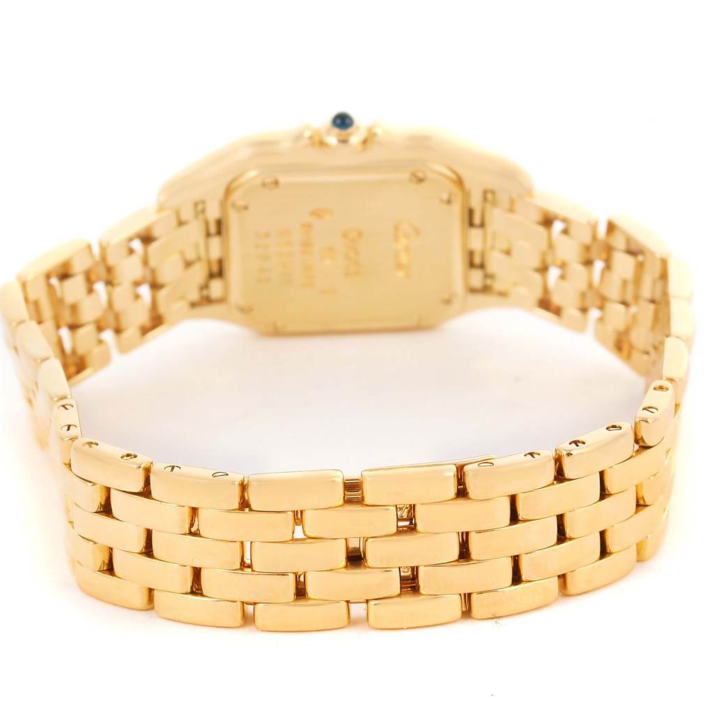 This image shows the back view of the Cartier Panthere W25022B9 Women's Yellow Gold Silver Dial W25022B9 Women's Yellow Gold Silver Dial watch, focusing on its gold bracelet and case back.