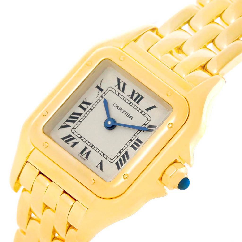 The image shows a Cartier Panthere W25022B9 Women's Yellow Gold Silver Dial W25022B9 Women's Yellow Gold Silver Dial watch at an angled close-up, highlighting its square face, Roman numeral dial, and link bracelet.