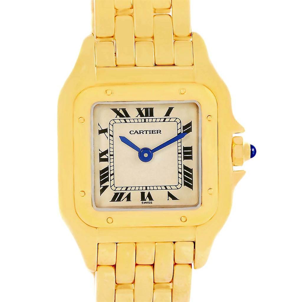 This image shows the face and part of the bracelet of a Cartier Panthere W25022B9 Women's Yellow Gold Beige Dial W25022B9 Women's Yellow Gold Beige Dial model watch.