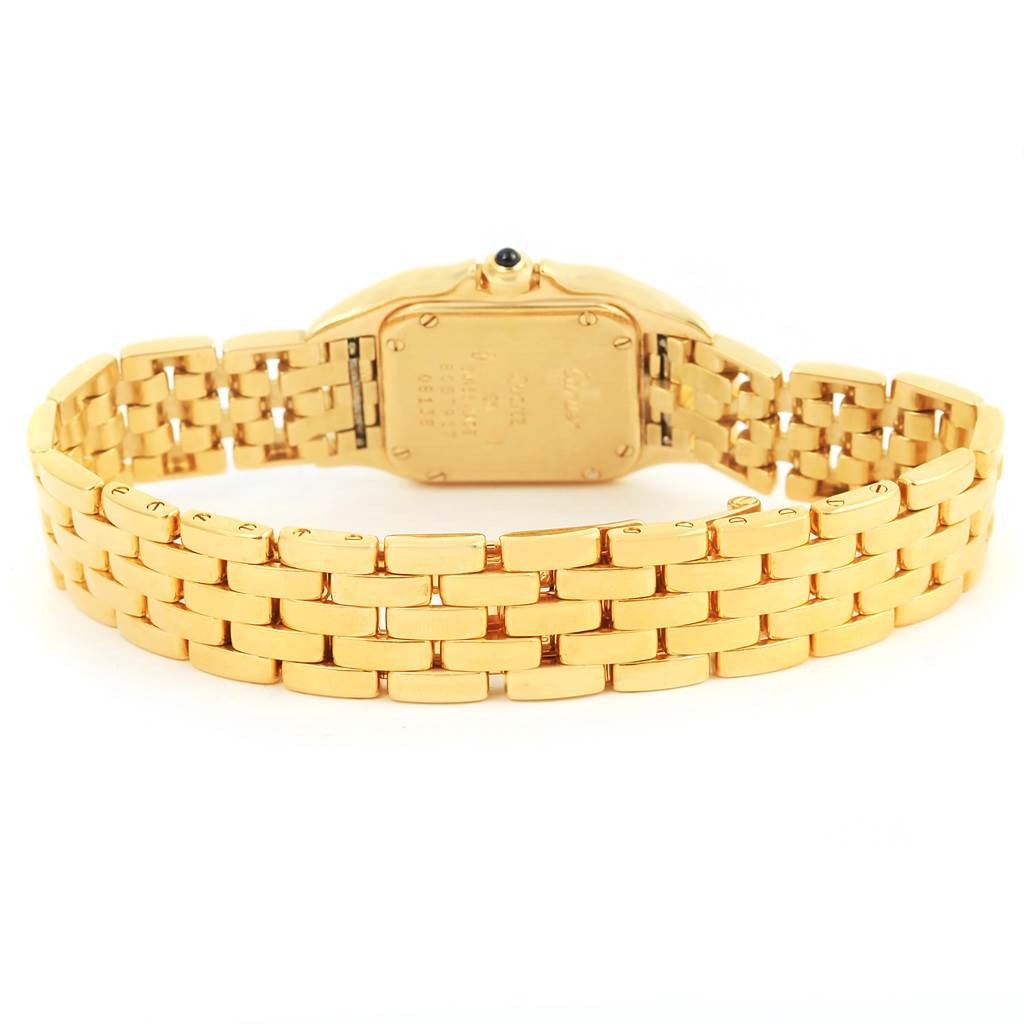 The image shows the back of the case and the bracelet of the Cartier Panthere W25022B9 Women's Yellow Gold Beige Dial W25022B9 Women's Yellow Gold Beige Dial watch, highlighting the gold links and case back details.