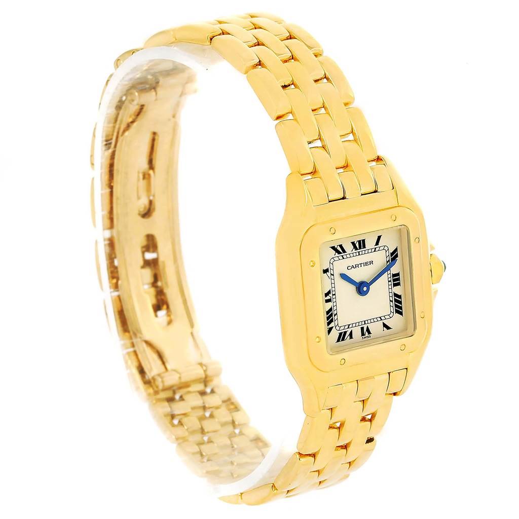 The image shows a Panthere de Cartier watch at a slightly angled side view, displaying its gold bracelet and square face with Roman numeral markers.