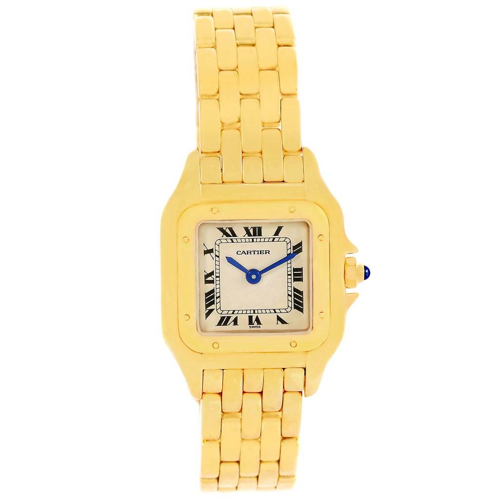 This image shows a front view of a Cartier Panthere W25022B9 Women's Yellow Gold Beige Dial W25022B9 Women's Yellow Gold Beige Dial model watch, highlighting its square face, Roman numerals, and gold bracelet.