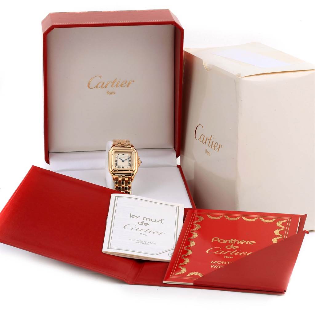 The image shows a Cartier Panthere W25022B9 Women's Yellow Gold Beige Dial W25022B9 Women's Yellow Gold Beige Dial watch from a front angle, placed in its open box with accompanying booklets.