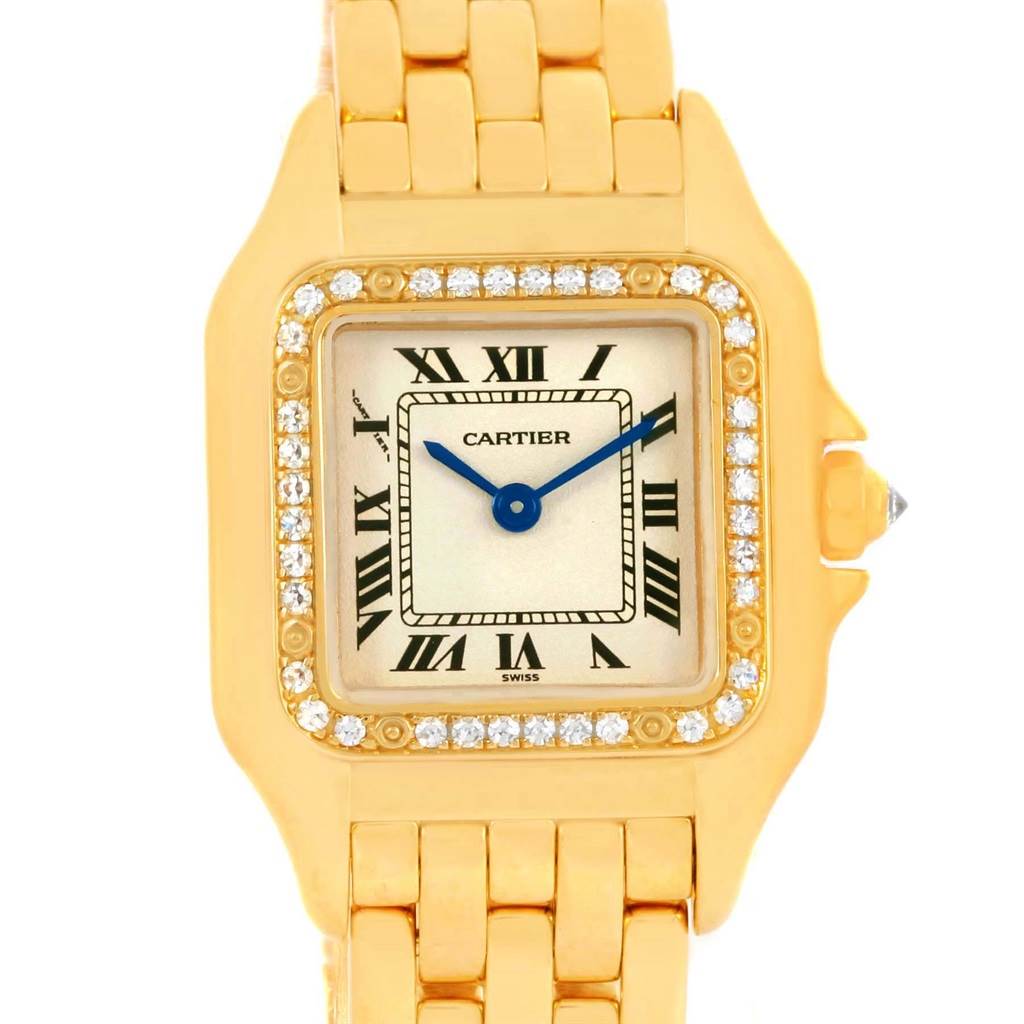 The image shows a front view of the Cartier Panthere WF3070B9 Women's Yellow Gold Silver Dial WF3070B9 Women's Yellow Gold Silver Dial watch, highlighting its gold case, diamond bezel, and Roman numeral dial.
