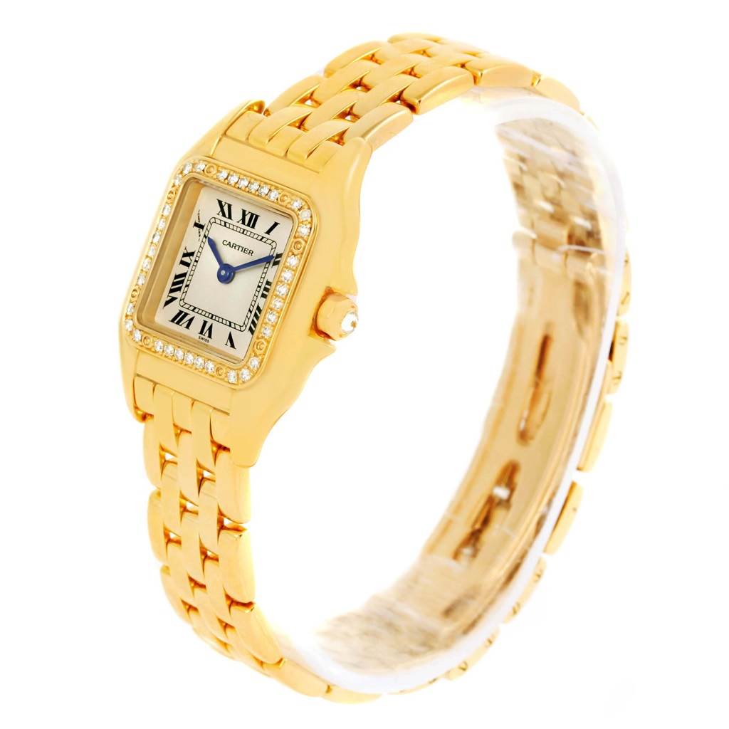 The Cartier Panthere WF3070B9 Women's Yellow Gold Silver Dial WF3070B9 Women's Yellow Gold Silver Dial watch is shown at a three-quarter angle, displaying the face, bezel, and bracelet.