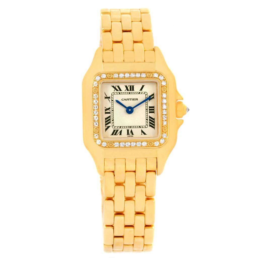 The image shows a front view of a Cartier Panthere WF3070B9 Women's Yellow Gold Silver Dial WF3070B9 Women's Yellow Gold Silver Dial watch with a gold bracelet and diamond bezel.
