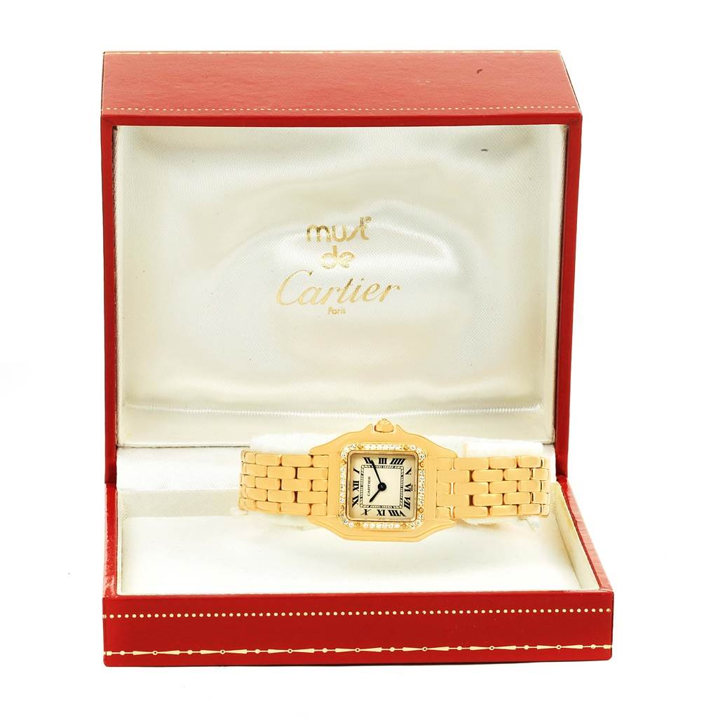The image shows a Cartier Panthere WF3070B9 Women's Yellow Gold Silver Dial WF3070B9 Women's Yellow Gold Silver Dial watch in its open red presentation box.