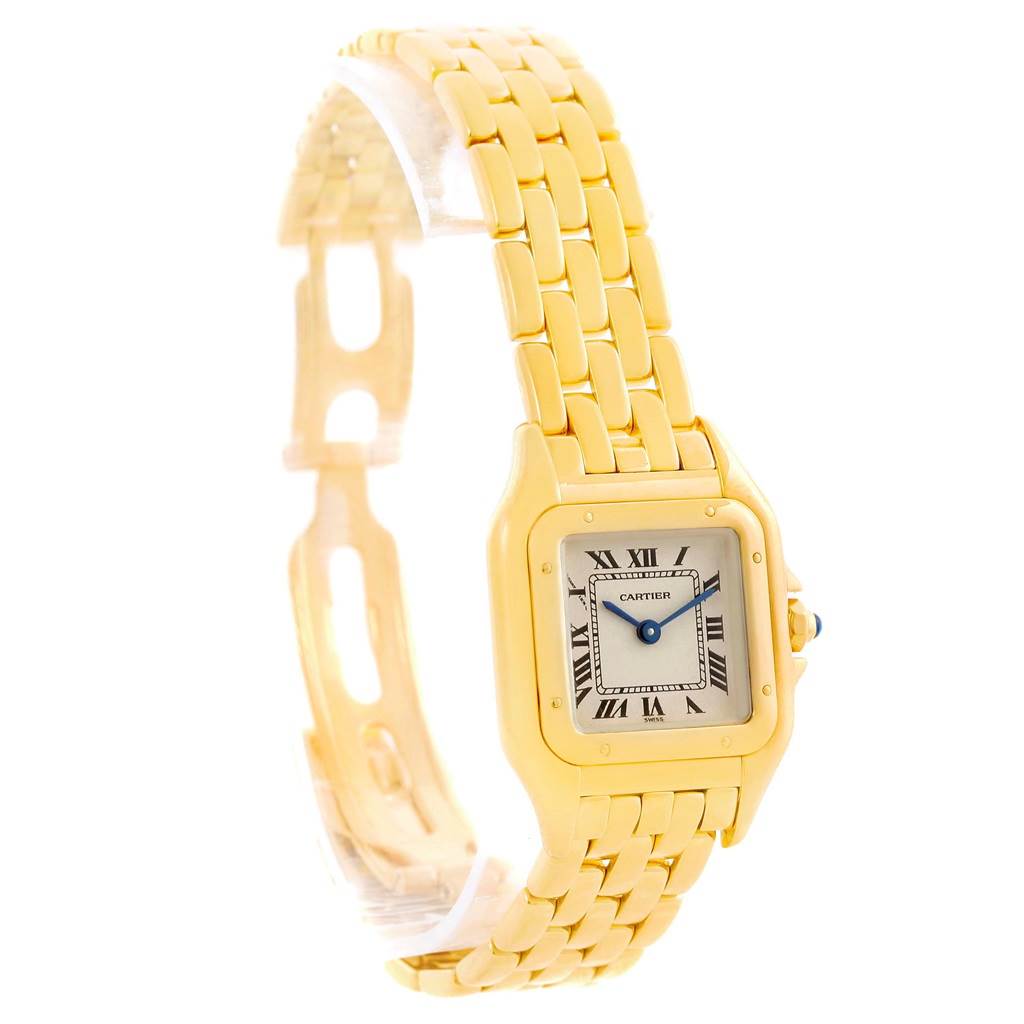 The image shows a Panthere model by Cartier, featuring the watch face, band, and clasp from an oblique angle.