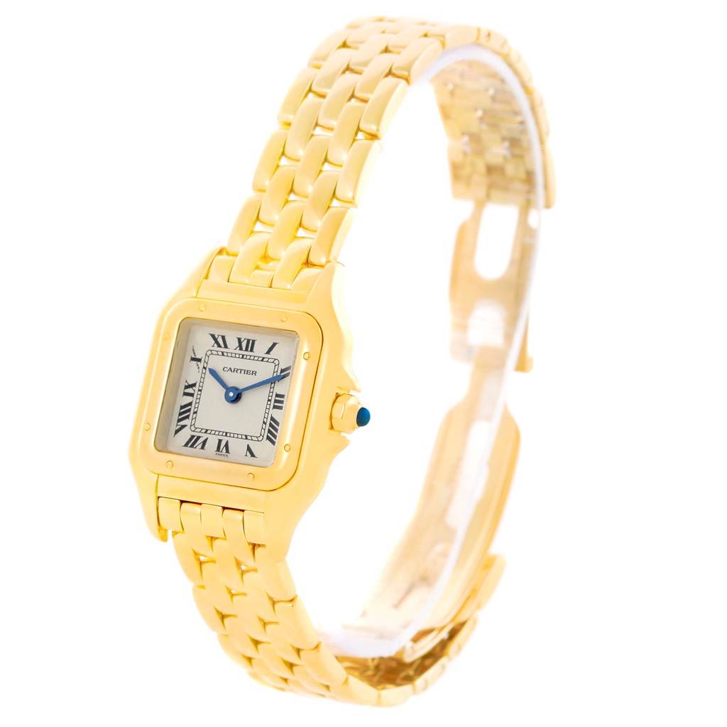 The image shows a Cartier Panthere W25022B9 Women's Yellow Gold Silver Dial W25022B9 Women's Yellow Gold Silver Dial watch at an angle displaying its face, bezel, crown, and part of the bracelet.