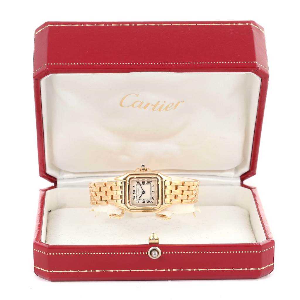 The Cartier Panthere W25022B9 Women's Yellow Gold Silver Dial W25022B9 Women's Yellow Gold Silver Dial watch is displayed front-facing in an open red Cartier box.