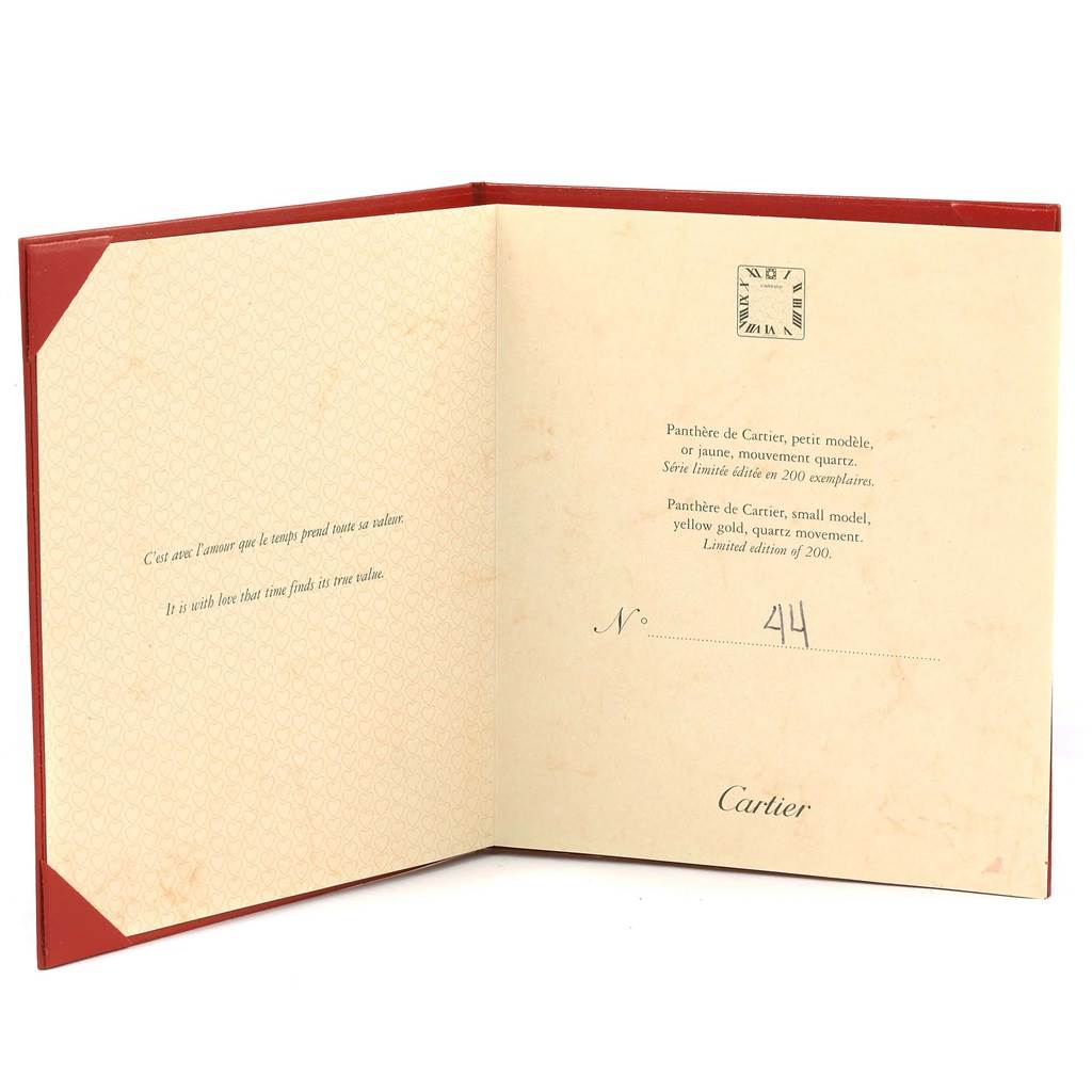 The image shows an open booklet for the Panthere de Cartier watch, detailing the model and its limited edition number (44 of 200).