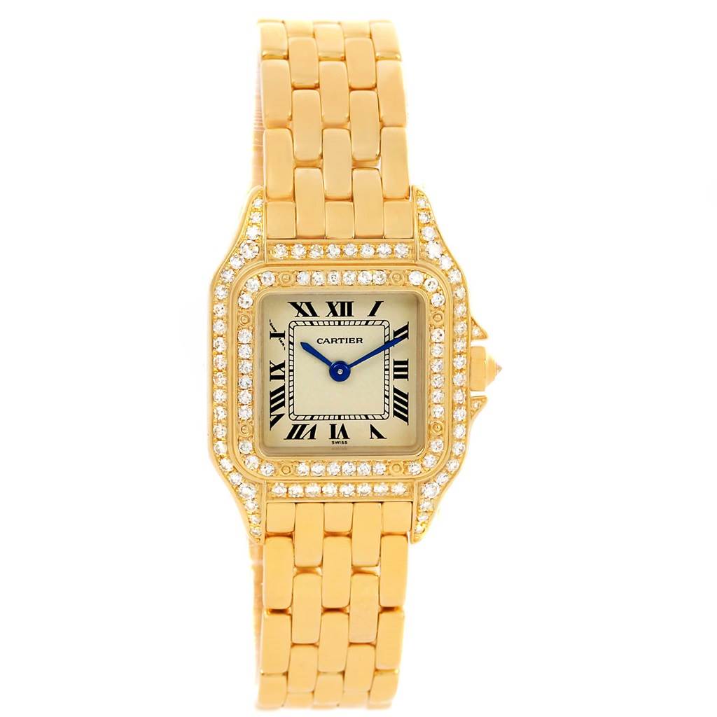 This image shows a frontal view of a Cartier Panthere WF3072B9 Women's Yellow Gold Silver Dial WF3072B9 Women's Yellow Gold Silver Dial model watch, highlighting the face, bezel, and bracelet.