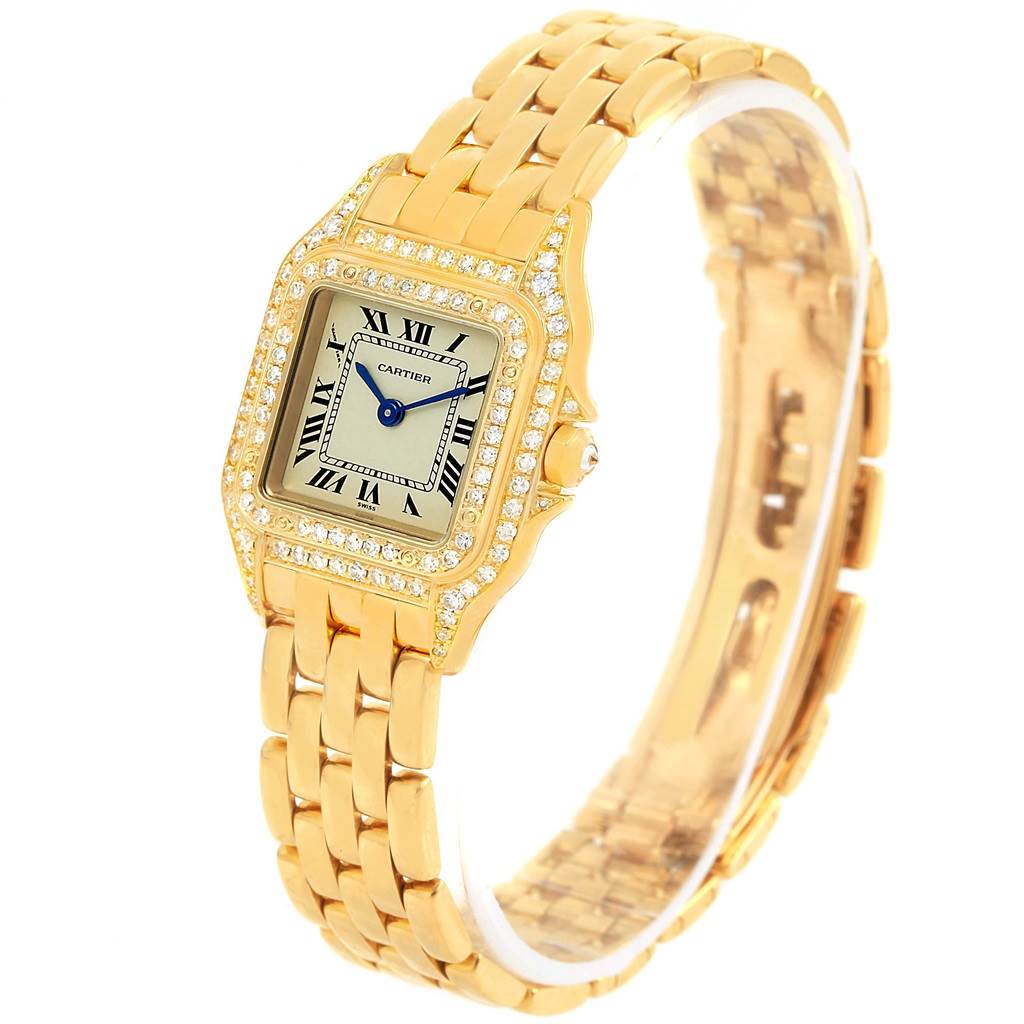 The image shows a Panthere de Cartier watch from a front-left angle, highlighting its gold bracelet, diamond bezel, and Roman numeral dial.