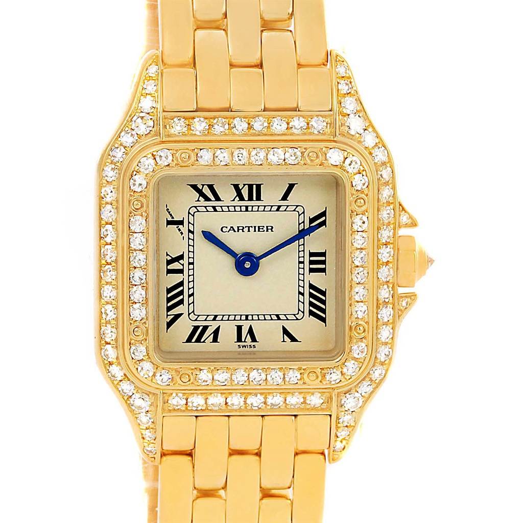 The image shows a close-up, straight-on view of a Cartier Panthere WF3072B9 Women's Yellow Gold Silver Dial WF3072B9 Women's Yellow Gold Silver Dial watch, including the face, bezel, and part of the bracelet.