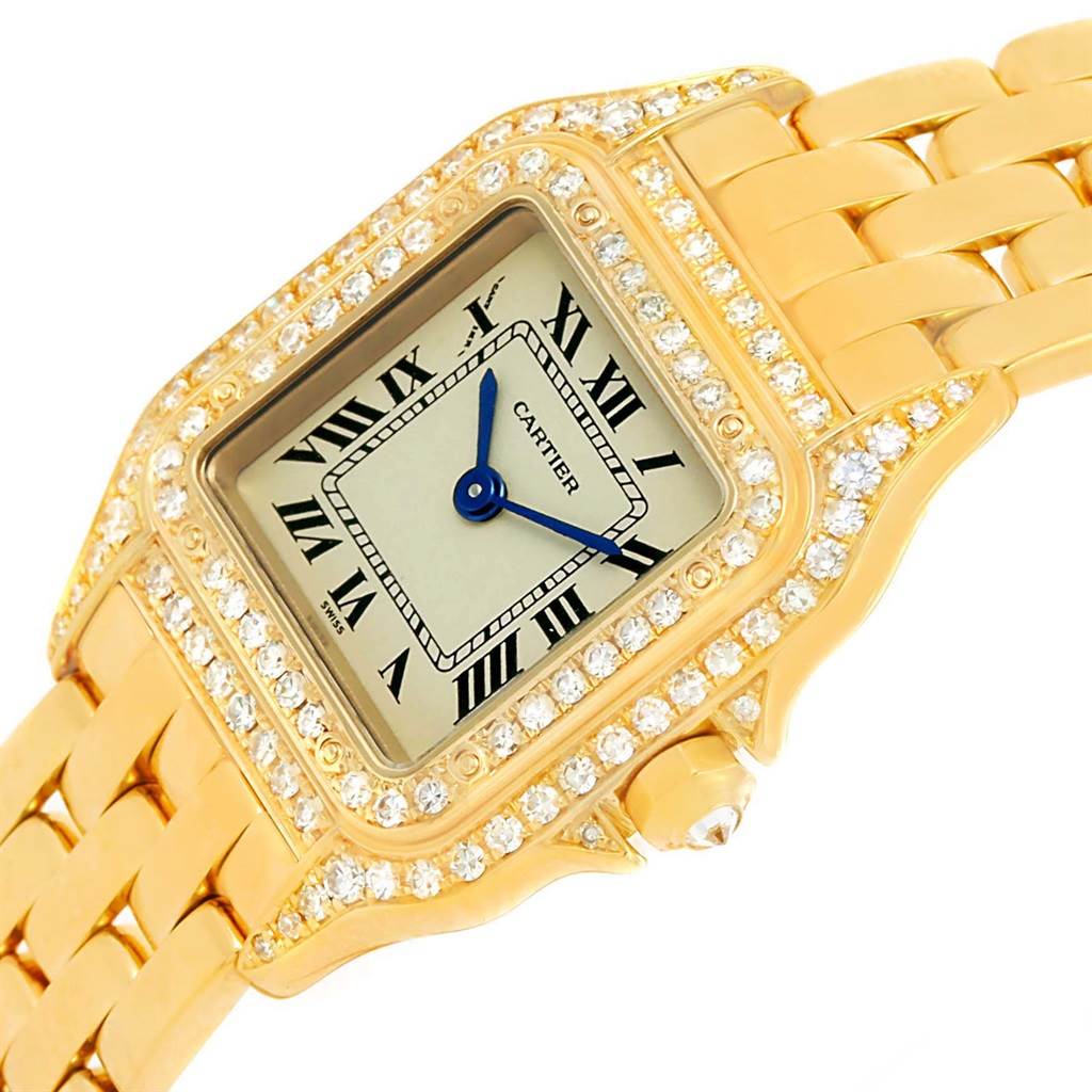 The image shows a close-up angle of the Cartier Panthere WF3072B9 Women's Yellow Gold Silver Dial WF3072B9 Women's Yellow Gold Silver Dial watch face, bracelet, and diamond-studded bezel.