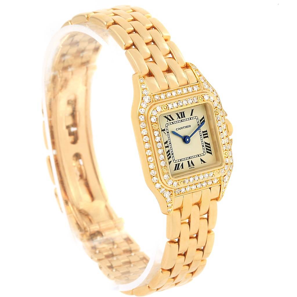 The Cartier Panthere WF3072B9 Women's Yellow Gold Silver Dial WF3072B9 Women's Yellow Gold Silver Dial watch is shown at a three-quarter angle, highlighting the face, bezel, and gold link bracelet.