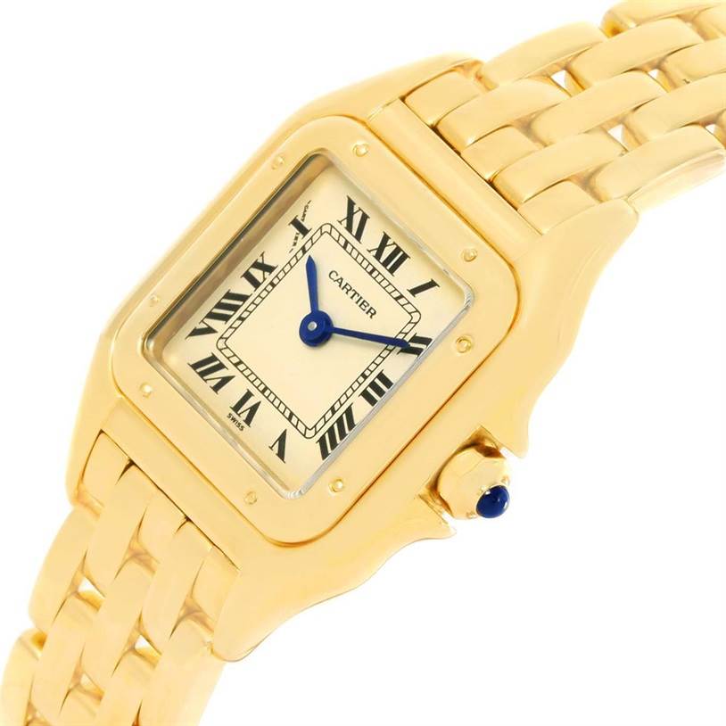 The image shows a close-up angled view of the watch face and part of the bracelet of the Cartier Panthere W25022B9 Women's Yellow Gold Silver Dial W25022B9 Women's Yellow Gold Silver Dial model.