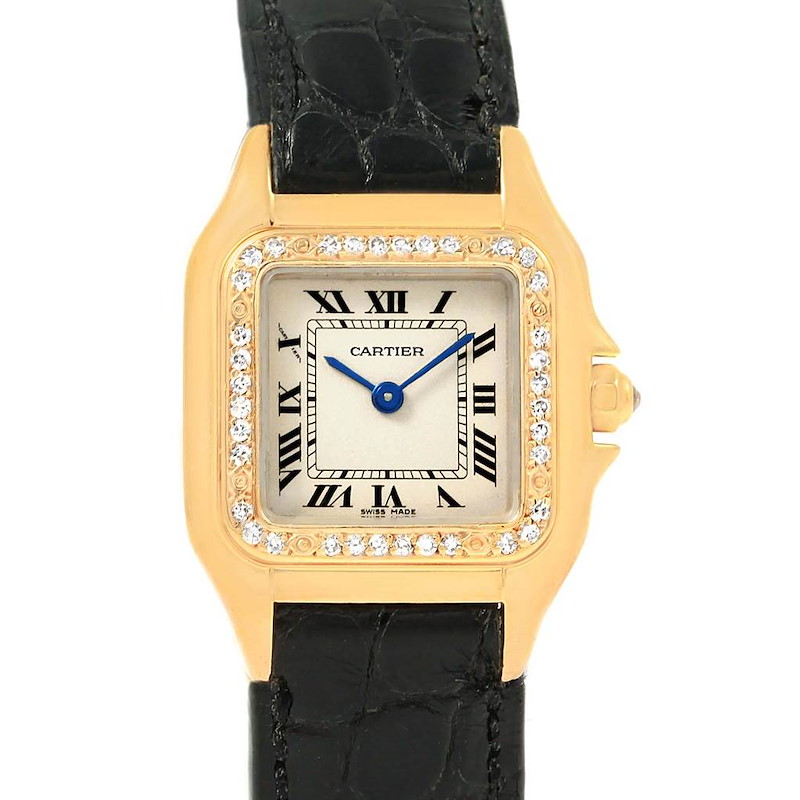 The image shows a frontal view of a Cartier Panthere watch featuring a gold case, diamond bezel, Roman numerals, and black leather strap.