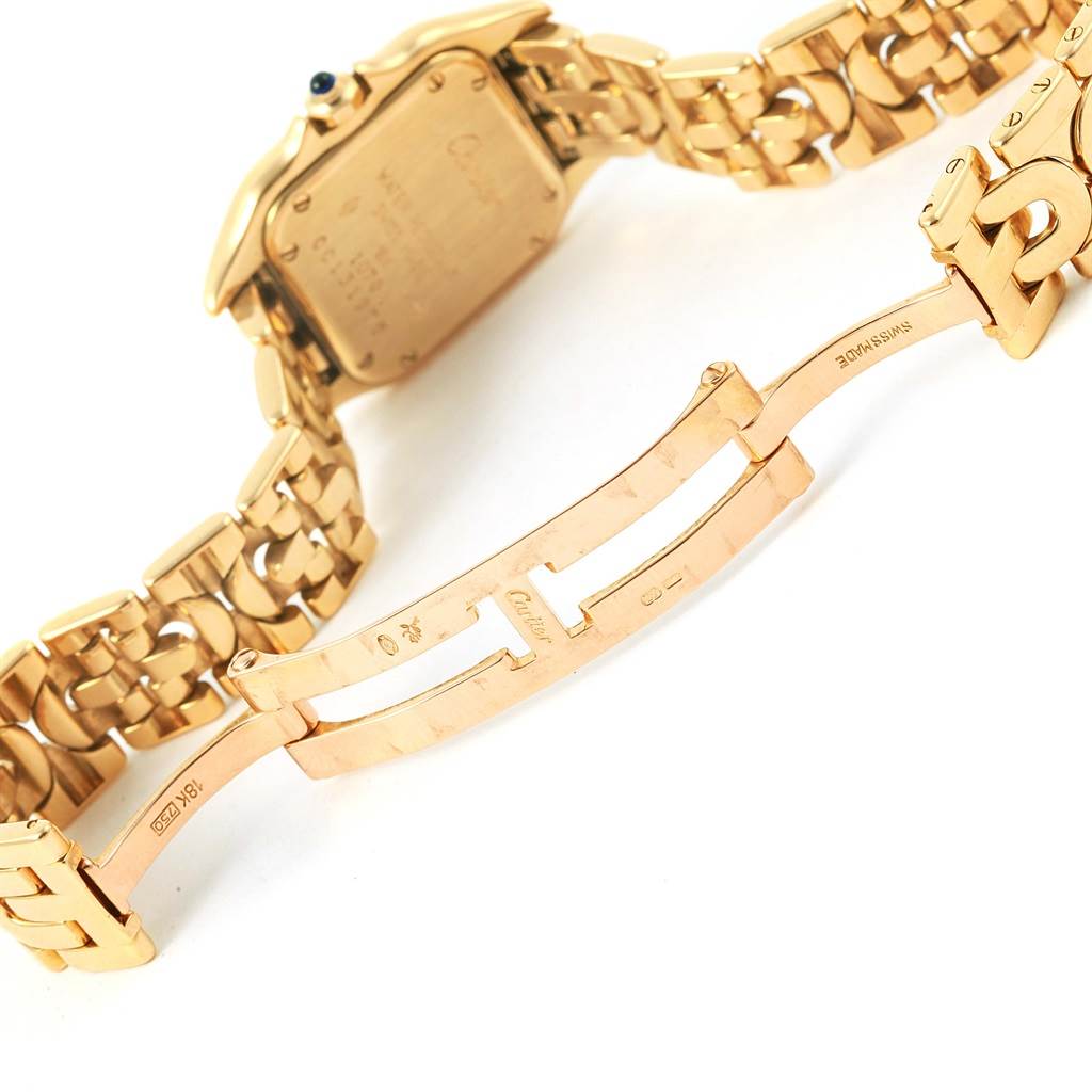 This is a close-up of the back and clasp of the gold Cartier Panthere 1070 Women
s Yellow Gold Silver Dial 1070 Women
s Yellow Gold Silver Dial watch.