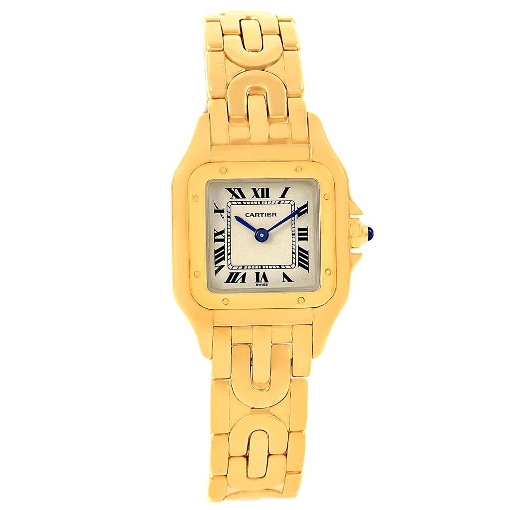 The image shows a front view of a Cartier Panthere 1070 Women
s Yellow Gold Silver Dial 1070 Women
s Yellow Gold Silver Dial model watch, highlighting its gold case, Roman numerals, and link bracelet.