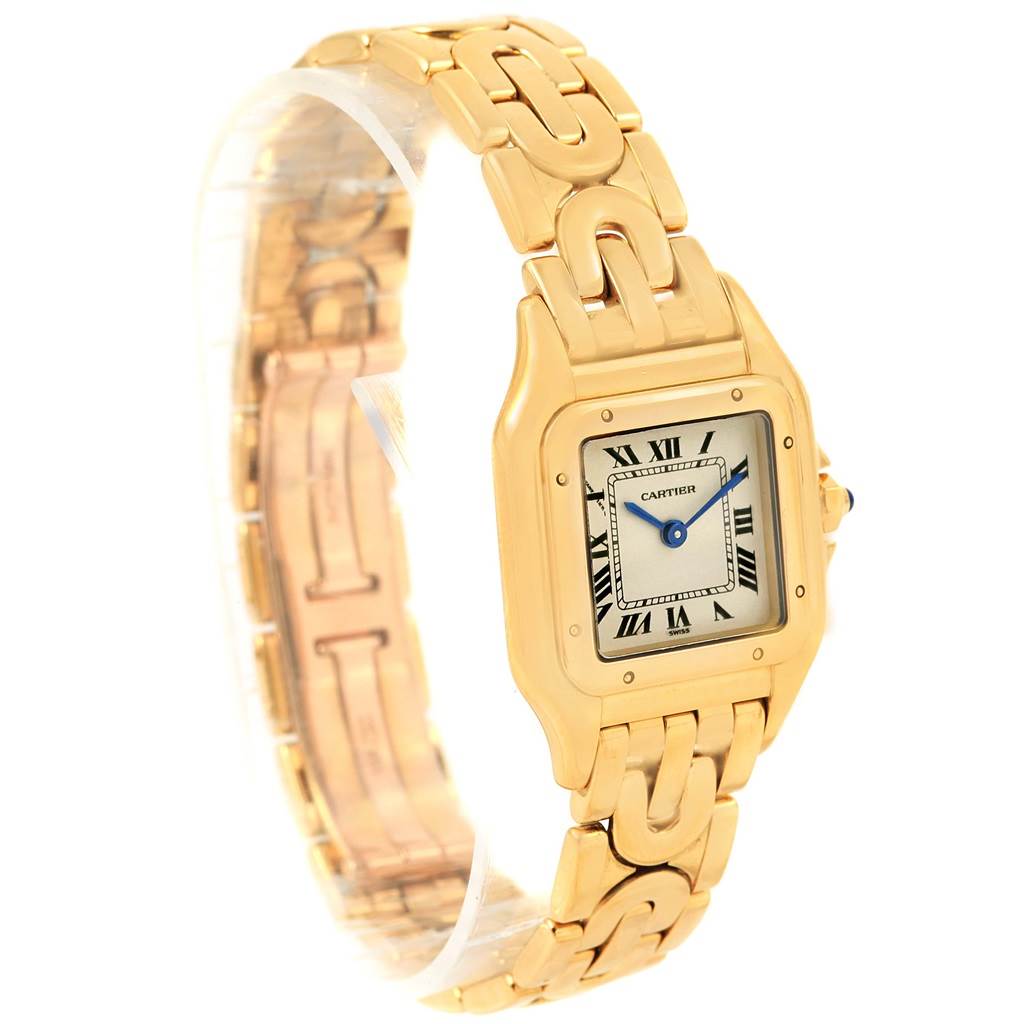 The image shows a Cartier Panthere 1070 Women
s Yellow Gold Silver Dial 1070 Women
s Yellow Gold Silver Dial watch at a three-quarter angle, highlighting the face, bezel, and bracelet.