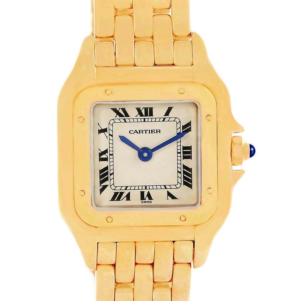 The image shows a front view of the Cartier Panthere W25022B9 Women's Yellow Gold Beige Dial W25022B9 Women's Yellow Gold Beige Dial model watch, highlighting its square dial, gold bracelet, and blue cabochon crown.