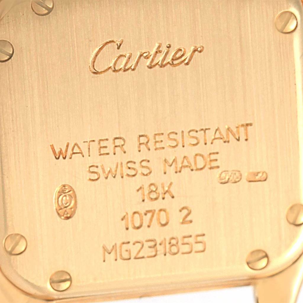 This image shows the back casing of a Panthere model watch by Cartier, highlighting the engravings and screws.