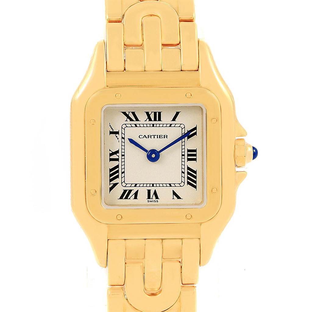 The image shows a front view of the Cartier Panthere 1070 Women's Yellow Gold Silver Dial 1070 Women's Yellow Gold Silver Dial watch, including the face, case, and a portion of the gold bracelet.