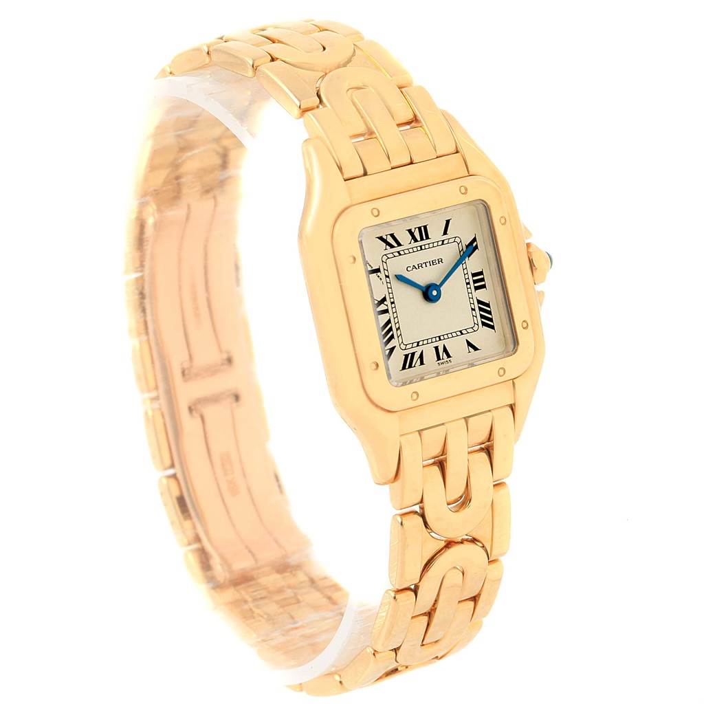 This image shows a side and front view of the Cartier Panthere 1070 Women's Yellow Gold Silver Dial 1070 Women's Yellow Gold Silver Dial model watch, highlighting its gold bracelet and dial.