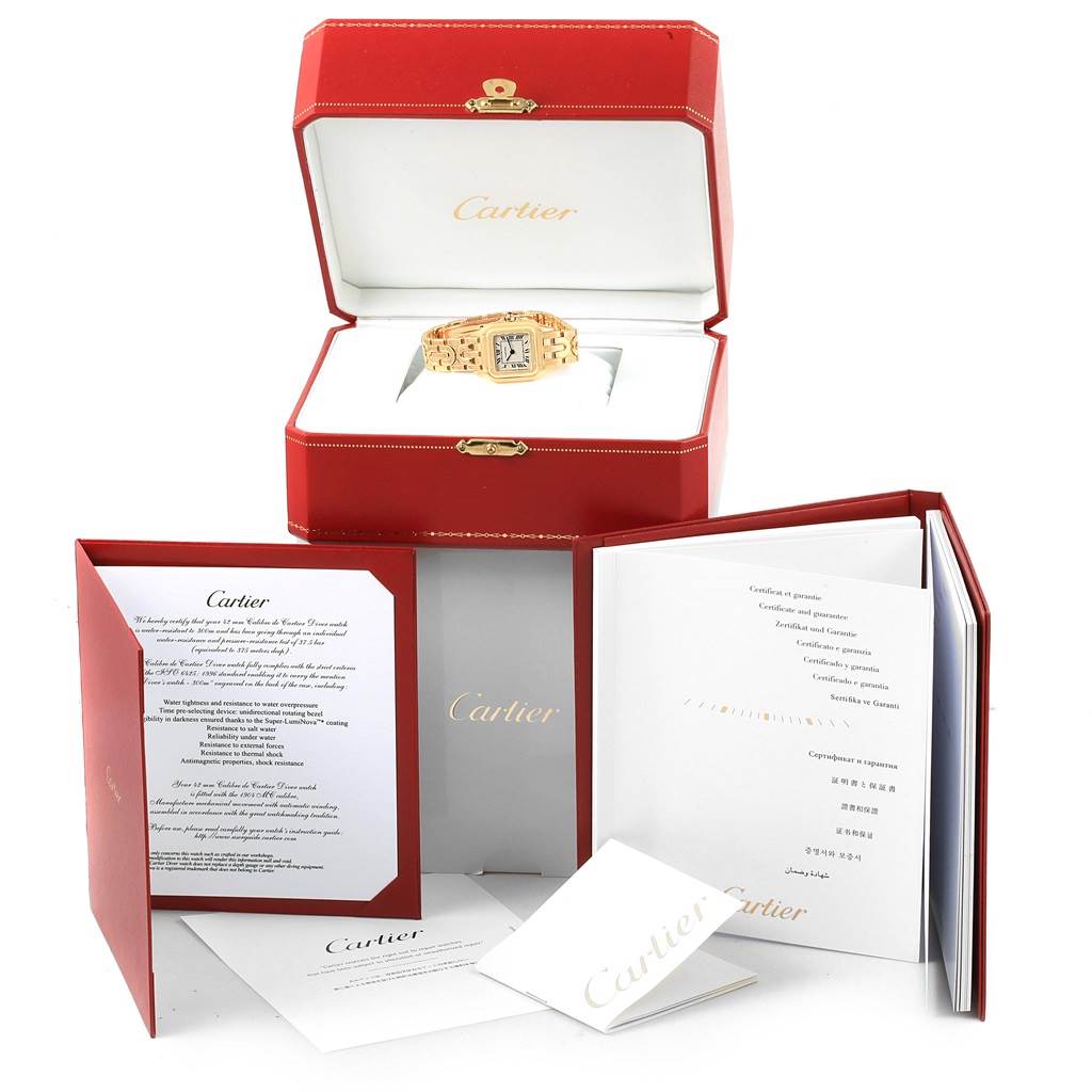 The image shows a Cartier Panthere 1070 Women's Yellow Gold Silver Dial 1070 Women's Yellow Gold Silver Dial watch in a red box, along with its accompanying documents and certificates displayed.