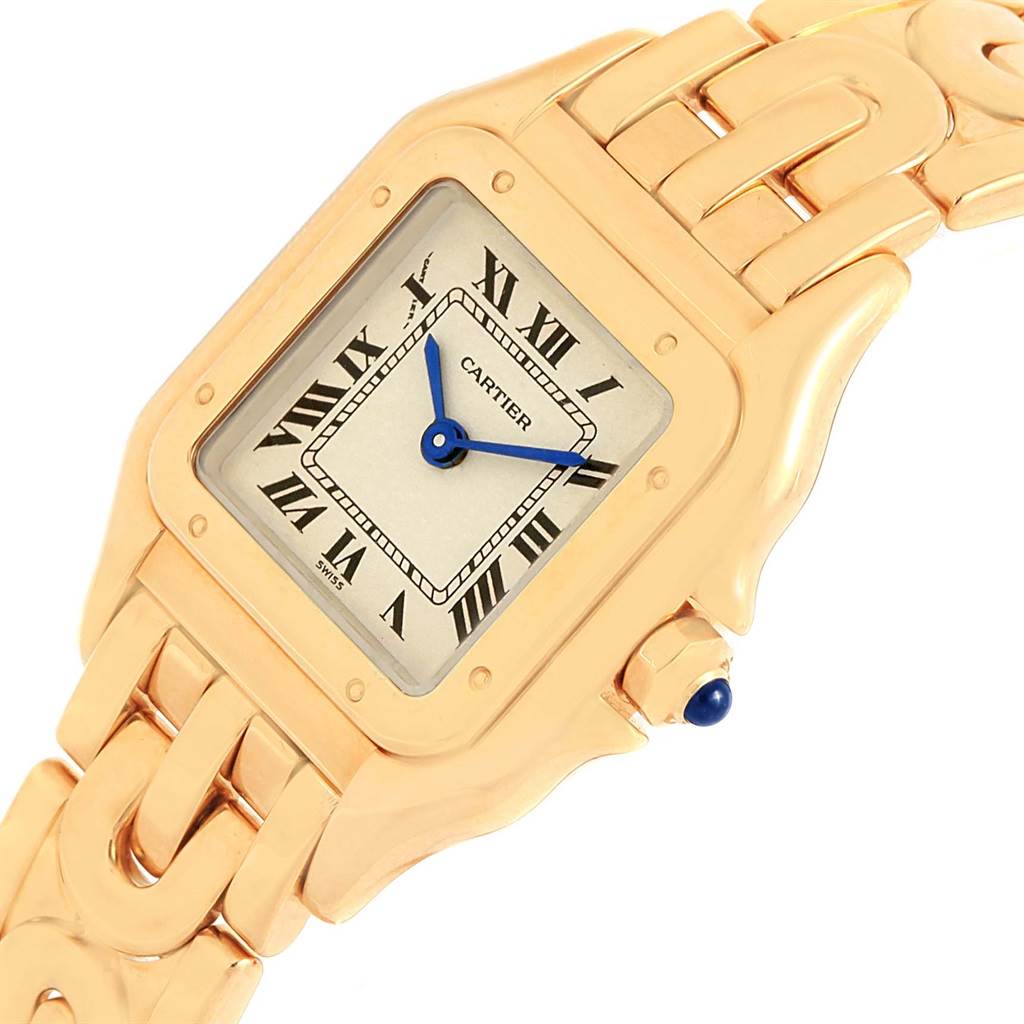 This image shows a close-up angle of the Cartier Panthere 1070 Women's Yellow Gold Silver Dial 1070 Women's Yellow Gold Silver Dial watch, featuring its face, dial, and part of the bracelet.