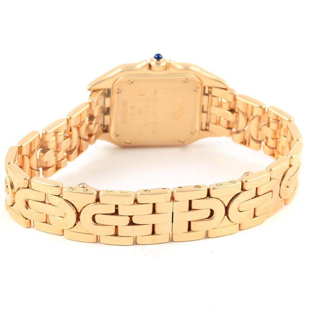 The image shows the back view and bracelet of a Cartier Panthere 1070 Women's Yellow Gold Silver Dial 1070 Women's Yellow Gold Silver Dial watch in gold.