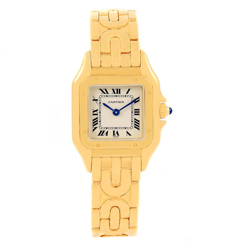 The Cartier Panthere 1070 Women's Yellow Gold Silver Dial 1070 Women's Yellow Gold Silver Dial watch is shown from the top, displaying the face, hour markers, and part of the bracelet.