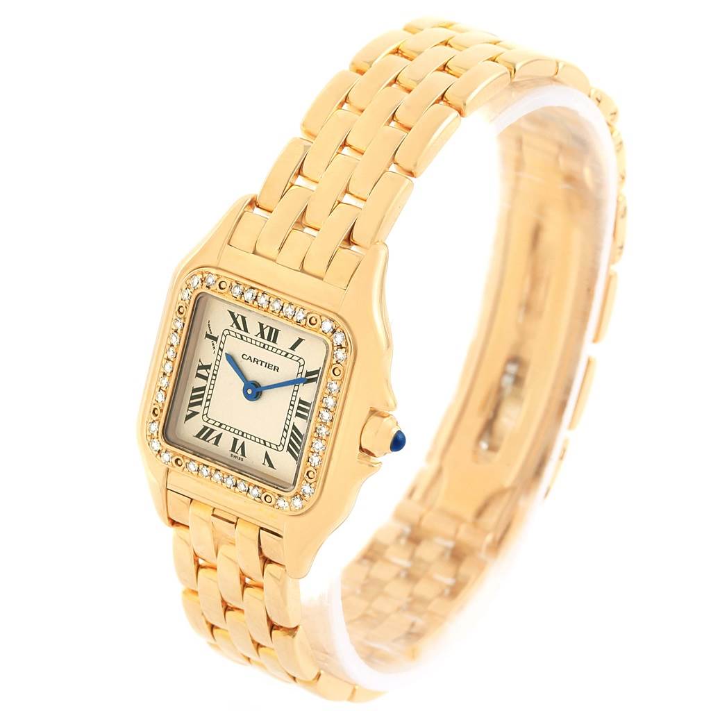 The image shows a Cartier Panthere WF3070B9 Women's Yellow Gold Silver Dial WF3070B9 Women's Yellow Gold Silver Dial watch from a slightly angled view, displaying its face, bezel, and bracelet.