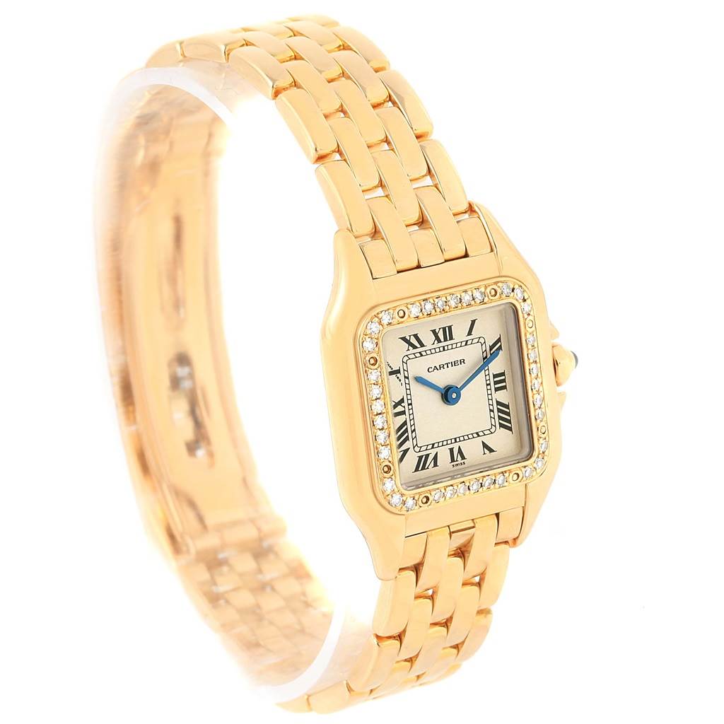 The image shows a Cartier Panthere WF3070B9 Women's Yellow Gold Silver Dial WF3070B9 Women's Yellow Gold Silver Dial watch angled to display its face, bezel, and bracelet.