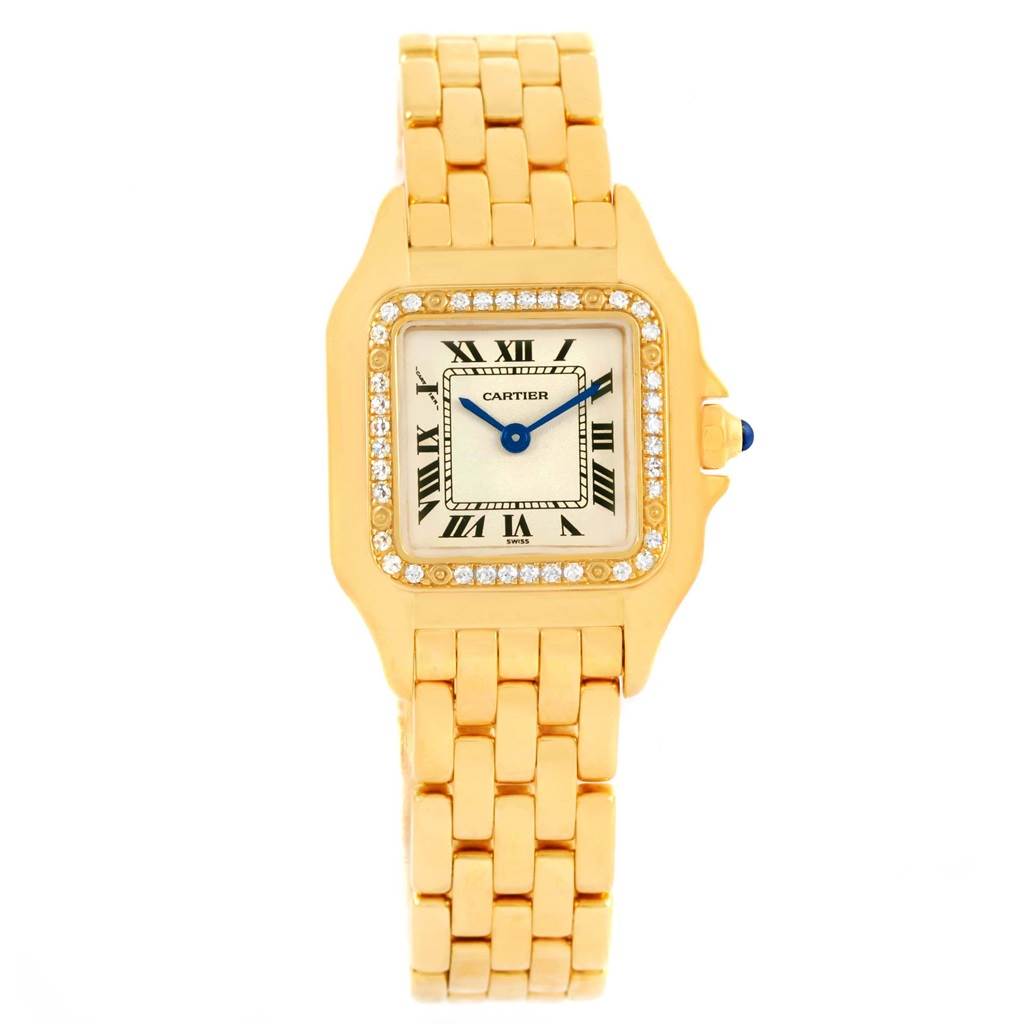 The image shows a frontal view of a Cartier Panthere WF3070B9 Women's Yellow Gold Silver Dial WF3070B9 Women's Yellow Gold Silver Dial watch, displaying the face, bezel, and bracelet.