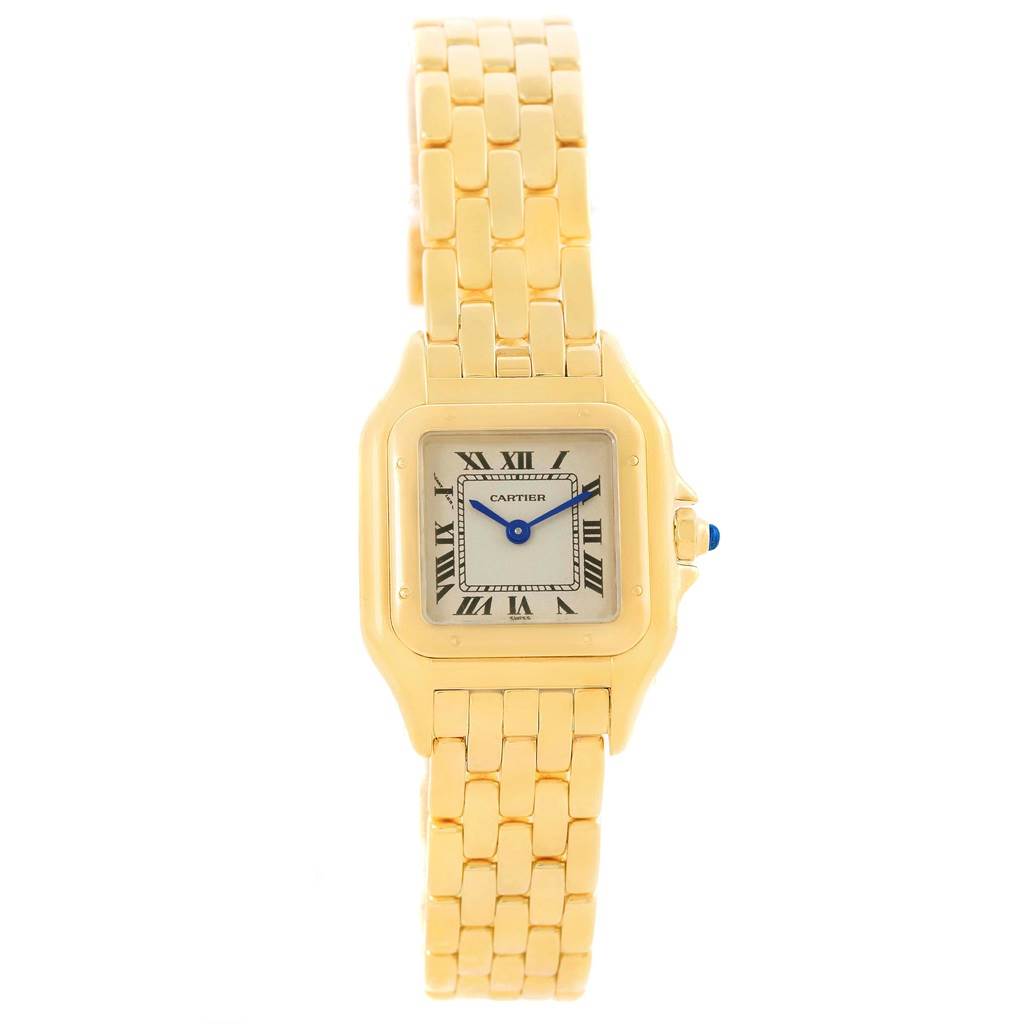 The image shows a front view of a Cartier Panthere W25022B9 Women's Yellow Gold Beige Dial W25022B9 Women's Yellow Gold Beige Dial model watch, highlighting the face and gold bracelet.