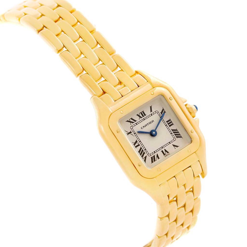 The image shows a Cartier Panthere W25022B9 Women's Yellow Gold Beige Dial W25022B9 Women's Yellow Gold Beige Dial watch at an angled view, highlighting its gold bracelet and square face with Roman numerals.